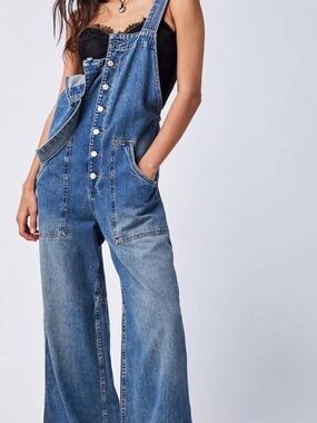 We The Free Medium Denim Button-Front Wide-Leg Dungarees Overalls